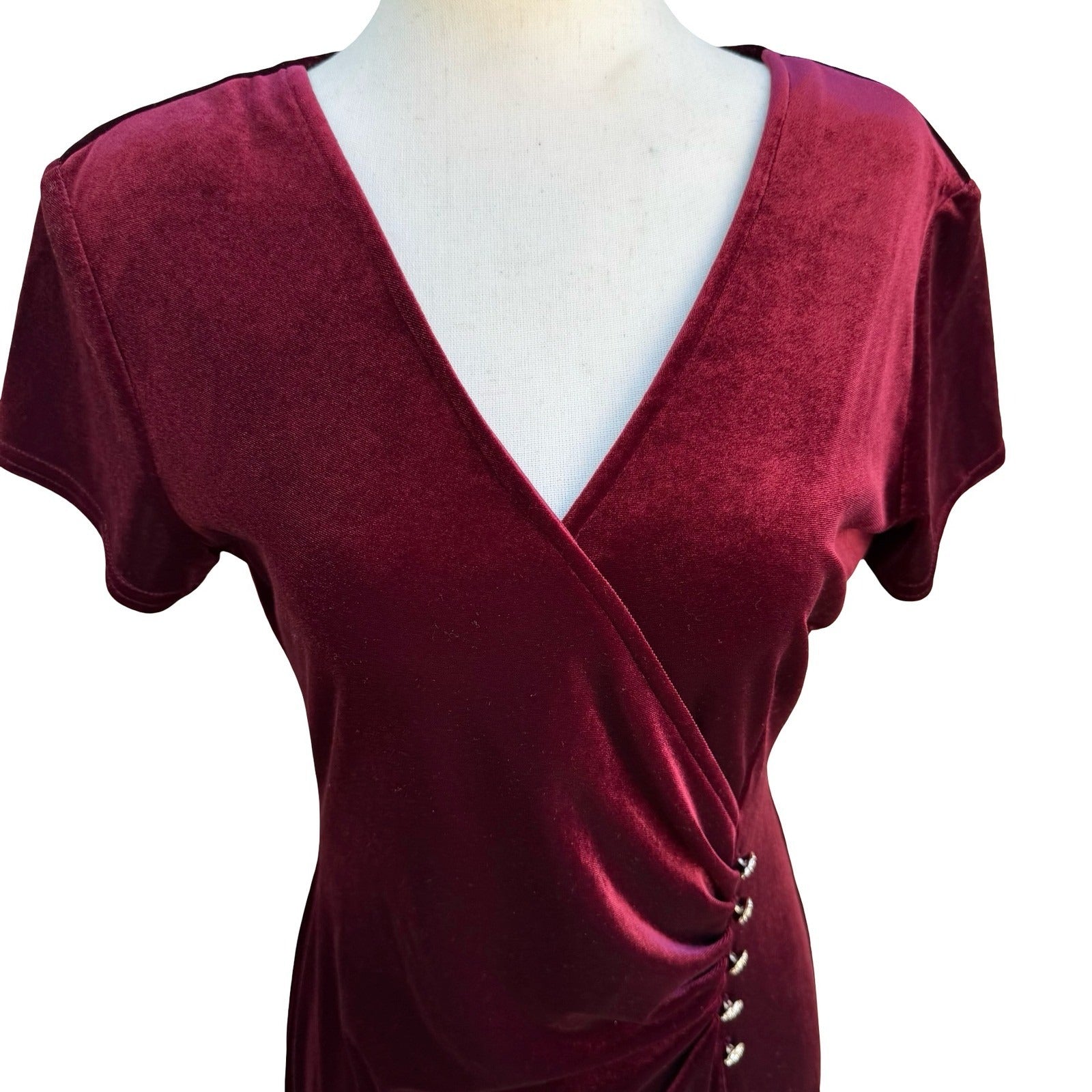 Amanda Lane Vintage Burgundy Velvet Faux Wrap Midi Dress Rhinestone Womens 10