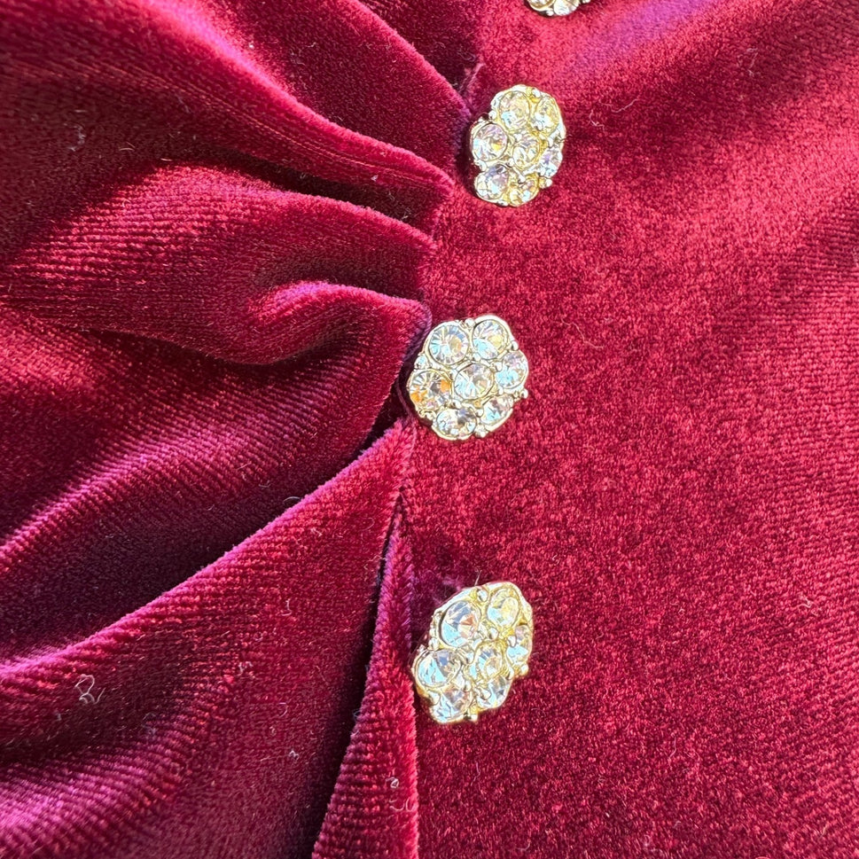 Amanda Lane Vintage Burgundy Velvet Faux Wrap Midi Dress Rhinestone Womens 10