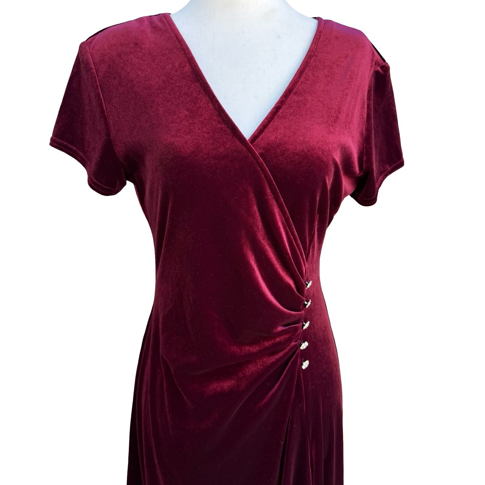 Amanda Lane Vintage Burgundy Velvet Faux Wrap Midi Dress Rhinestone Womens 10