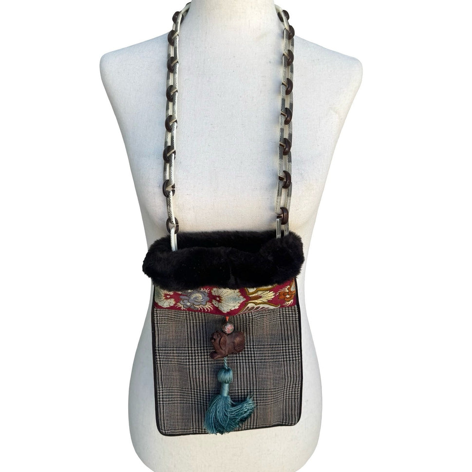 Vintage Mixed Media Shoulder Bag Fur Faux Fur Trim Plaid Floral Brocade Tassel