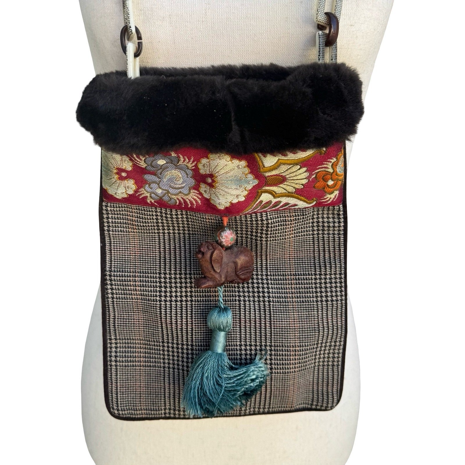 Vintage Mixed Media Shoulder Bag Fur Faux Fur Trim Plaid Floral Brocade Tassel
