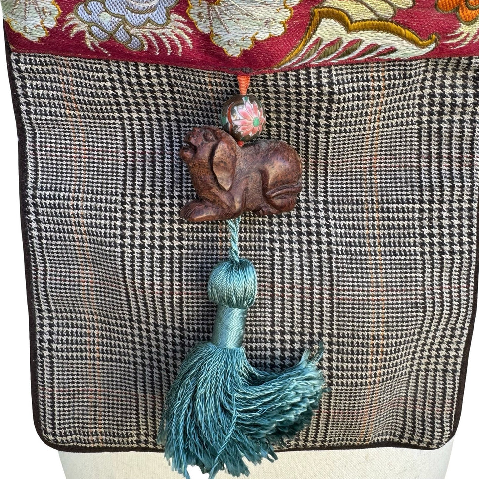 Vintage Mixed Media Shoulder Bag Fur Faux Fur Trim Plaid Floral Brocade Tassel