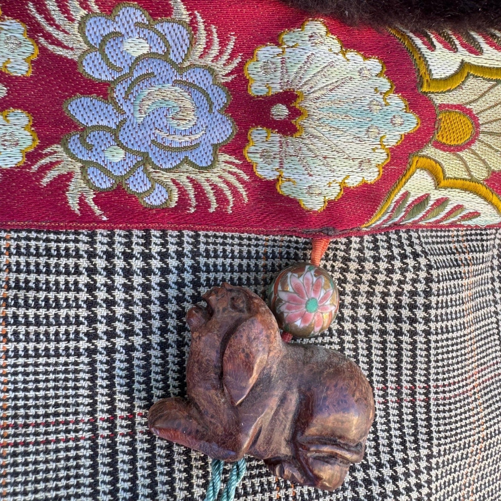 Vintage Mixed Media Shoulder Bag Fur Faux Fur Trim Plaid Floral Brocade Tassel