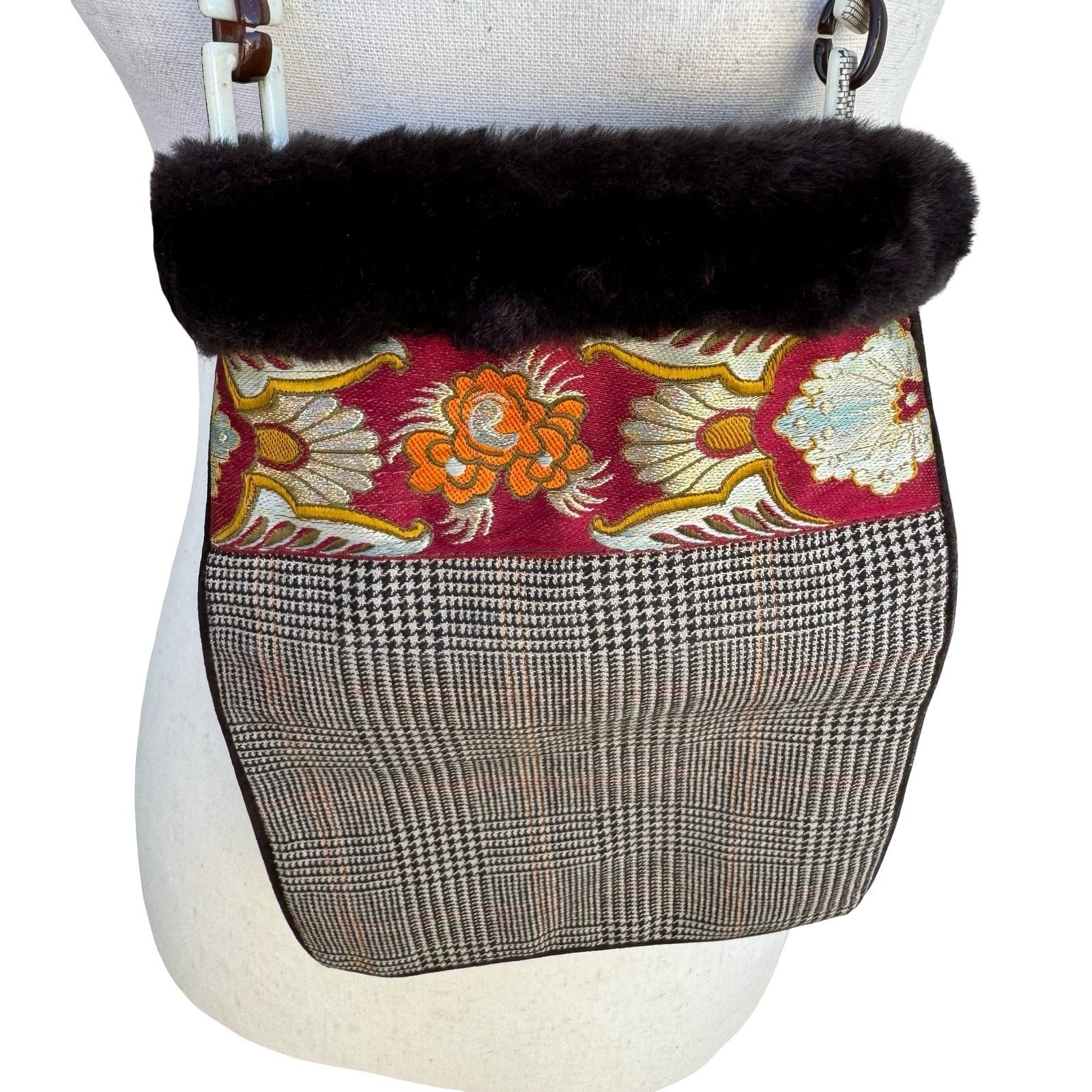 Vintage Mixed Media Shoulder Bag Fur Faux Fur Trim Plaid Floral Brocade Tassel