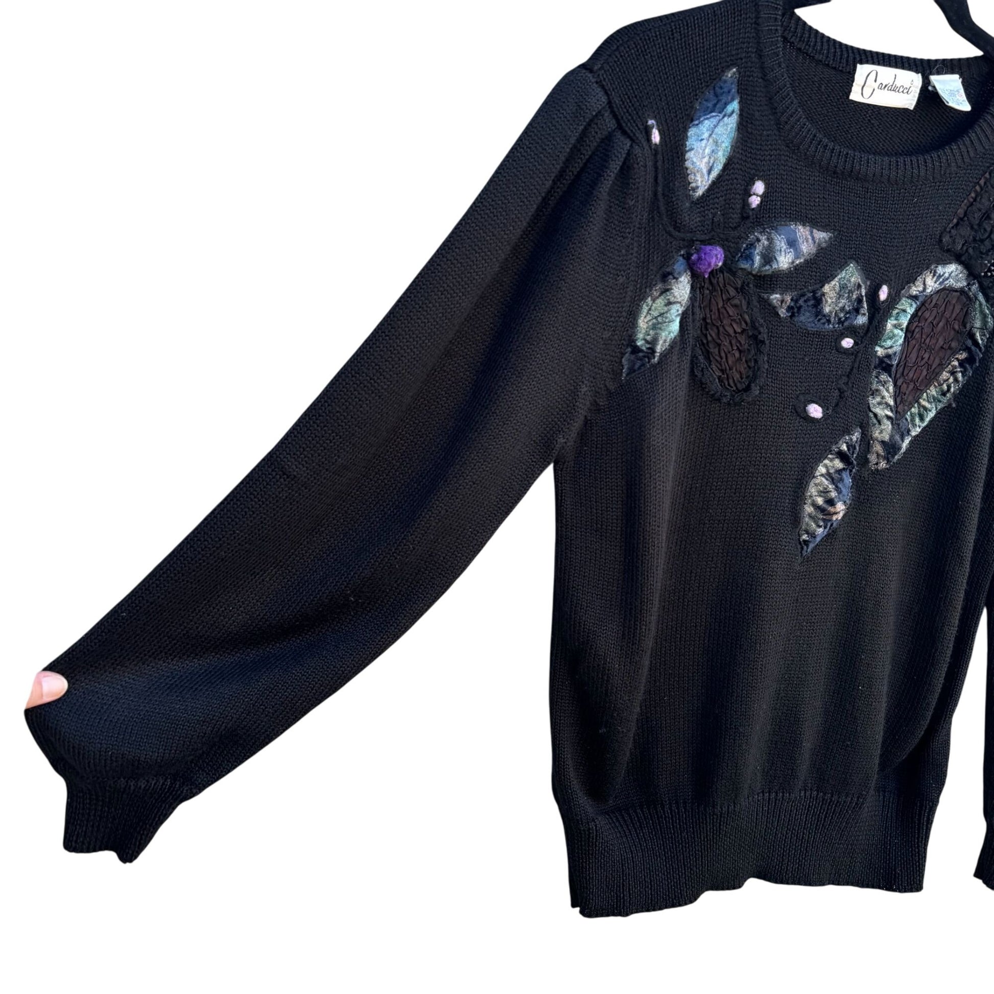 Carducci Vintage Womens Black Knit Embroidered Appliqué Pleated Sleeve Sweater S