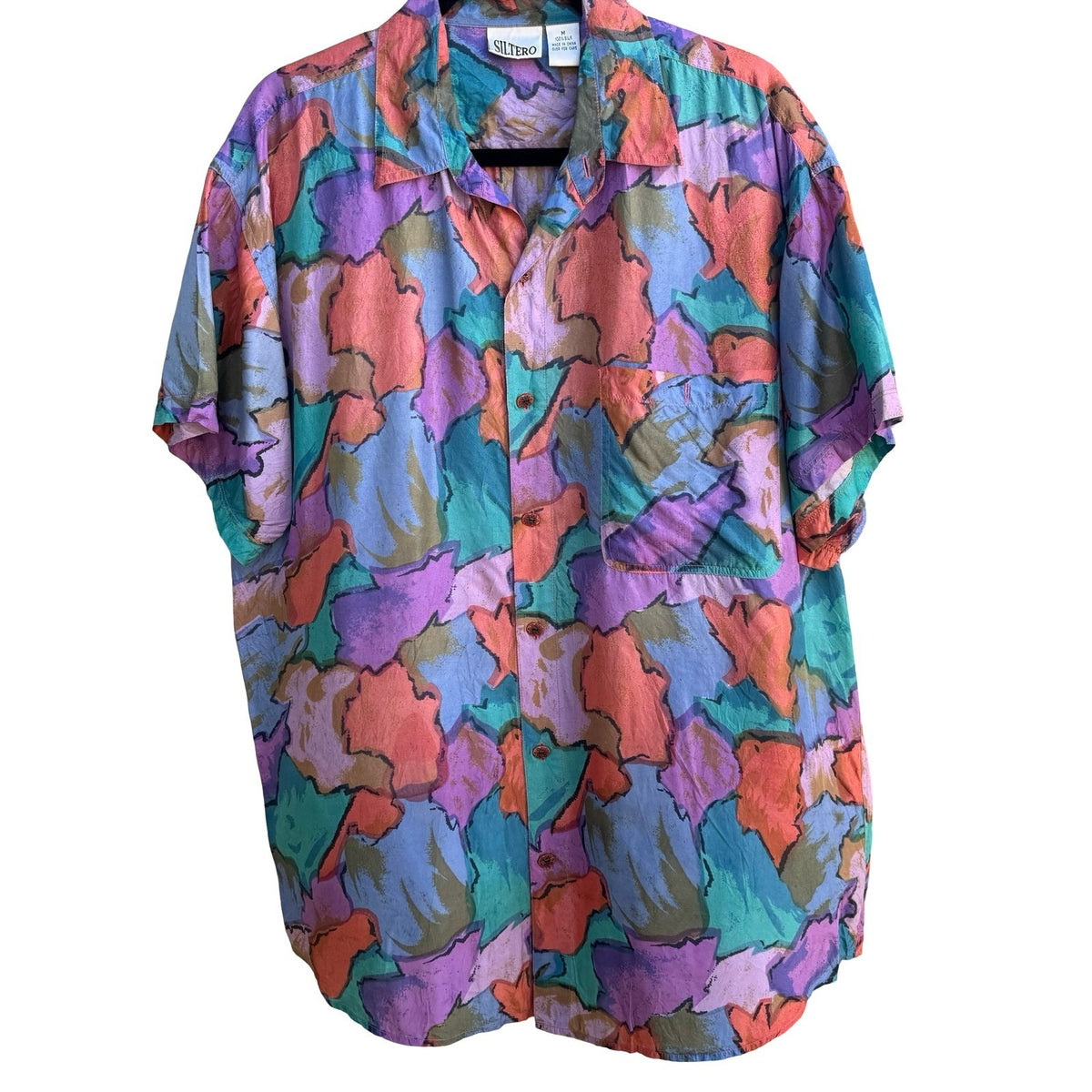 Siltero Vintage 90s Silk Aloha Tropical Eclectic Abstract Watercolor Shirt M