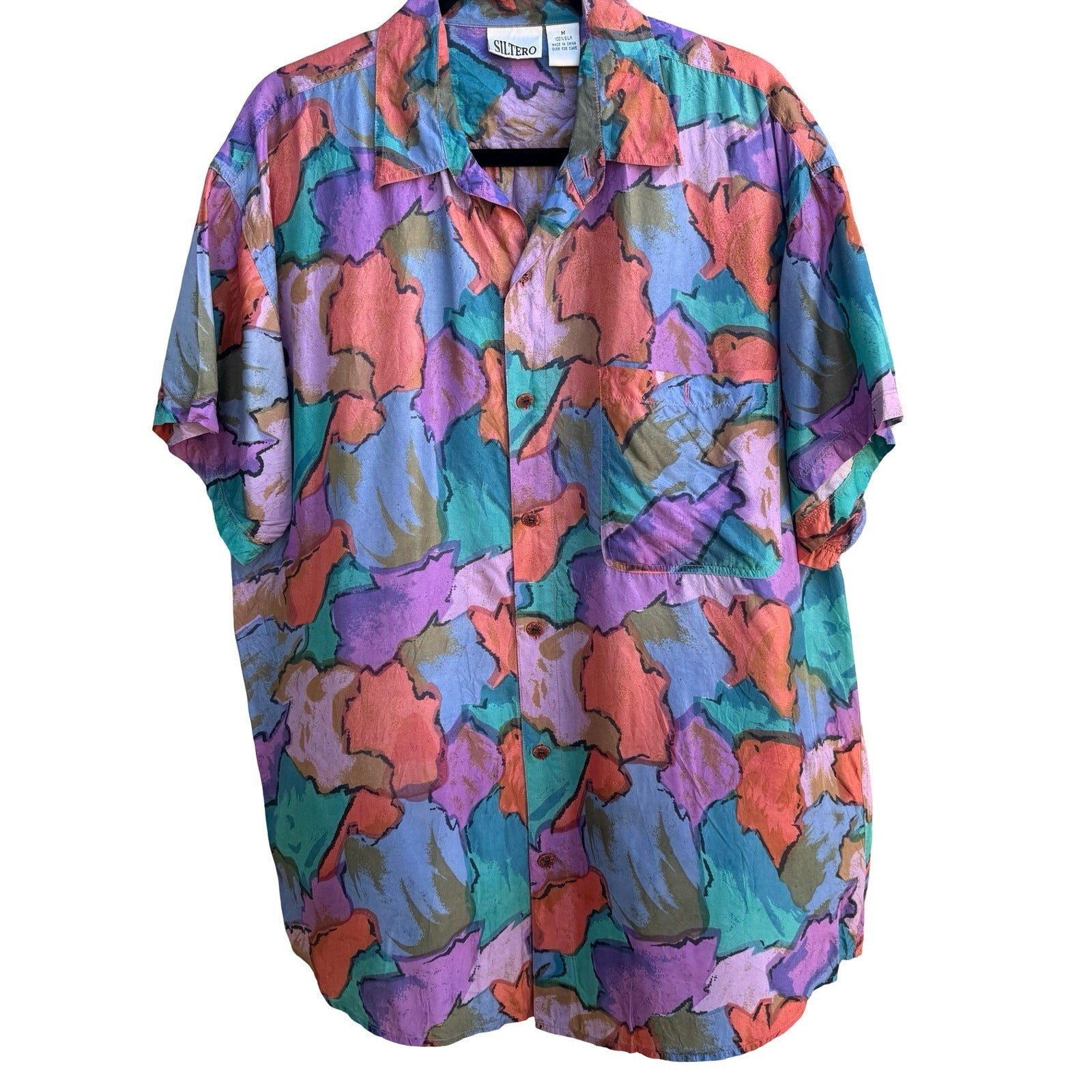 Siltero Vintage 90s Silk Aloha Tropical Eclectic Abstract Watercolor Shirt M