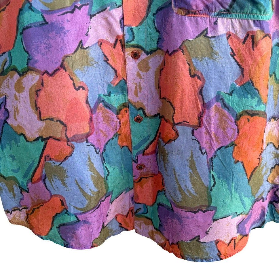 Siltero Vintage 90s Silk Aloha Tropical Eclectic Abstract Watercolor Shirt M