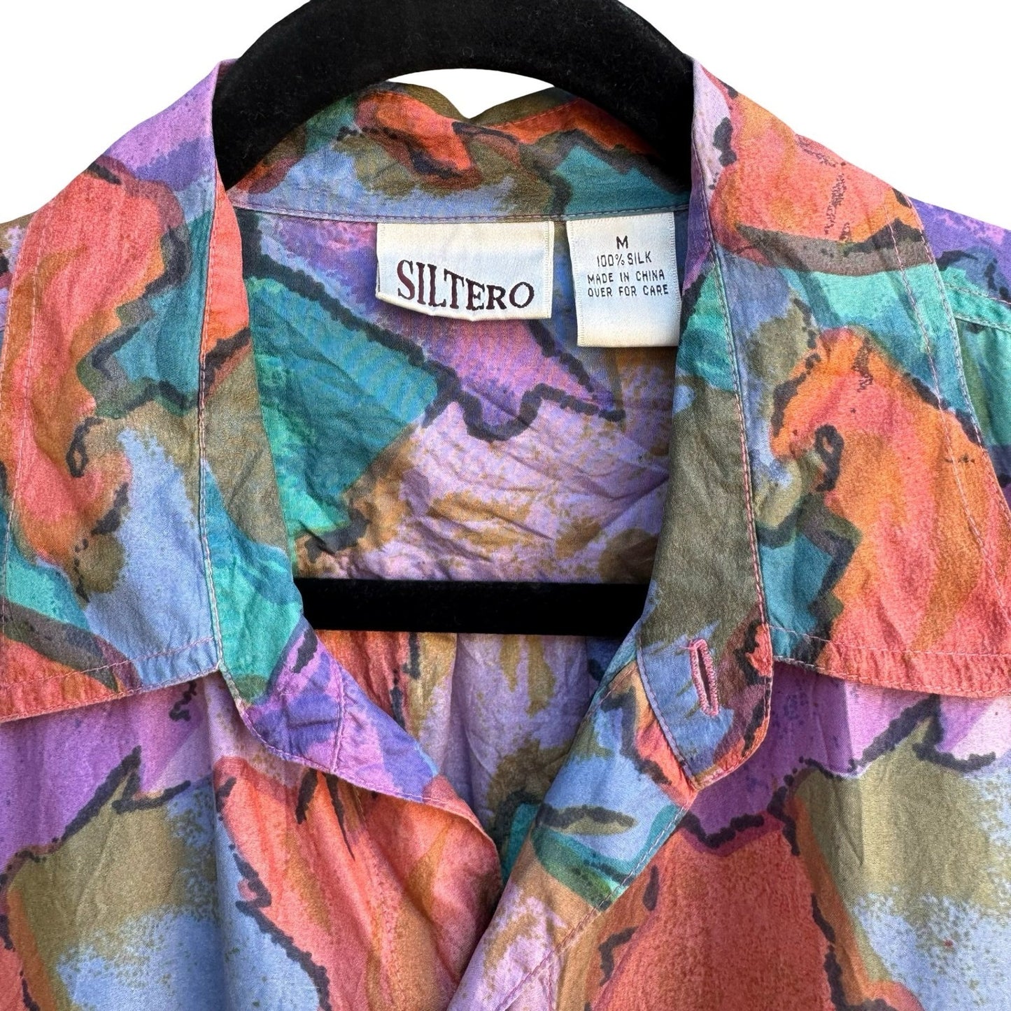 Siltero Vintage 90s Silk Aloha Tropical Eclectic Abstract Watercolor Shirt M