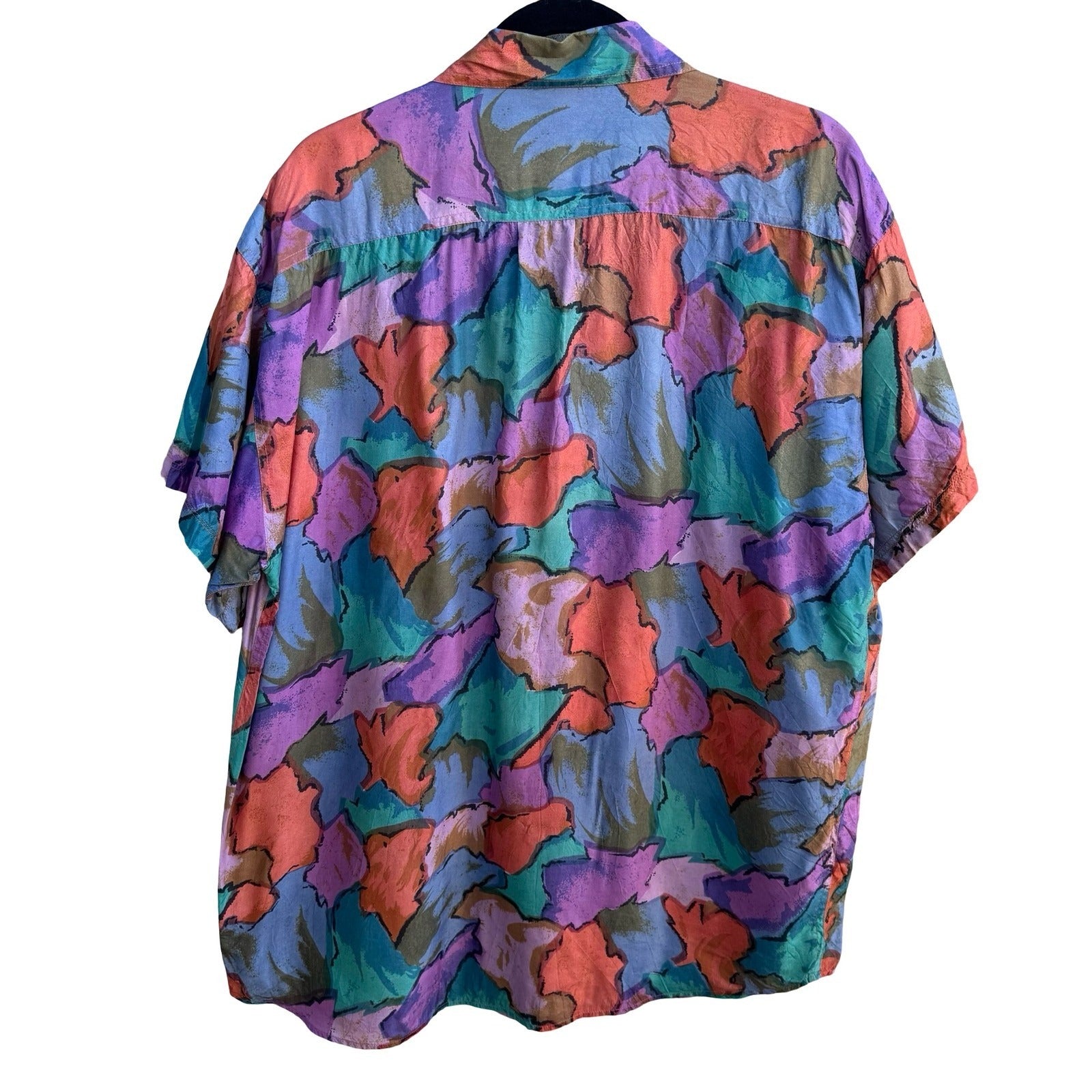 Siltero Vintage 90s Silk Aloha Tropical Eclectic Abstract Watercolor Shirt M