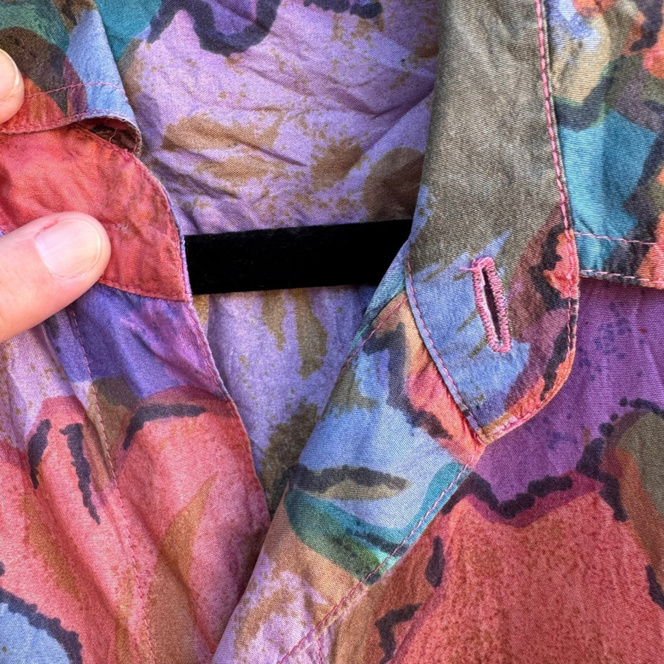 Siltero Vintage 90s Silk Aloha Tropical Eclectic Abstract Watercolor Shirt M