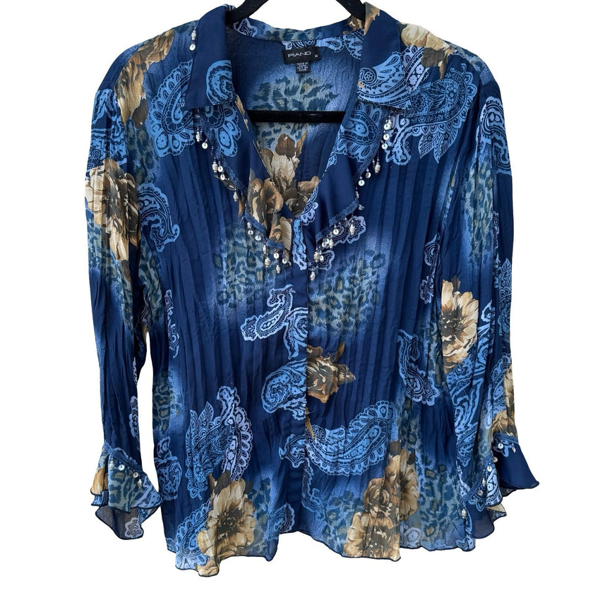 Piano Womens Blue Paisley Floral Leopard Beaded Ruffle Blouse Medium Boho Gypsy