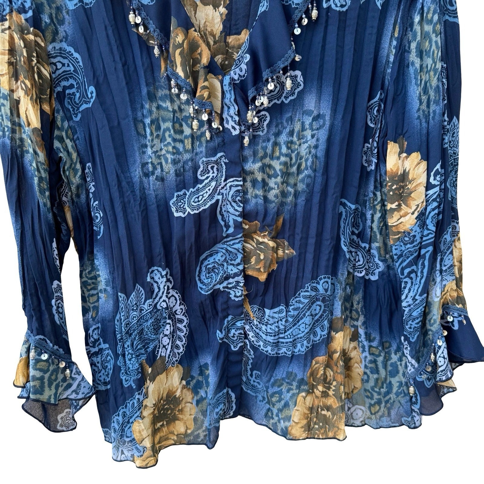 Piano Womens Blue Paisley Floral Leopard Beaded Ruffle Blouse Medium Boho Gypsy