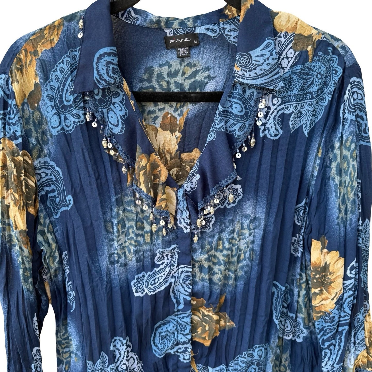 Piano Womens Blue Paisley Floral Leopard Beaded Ruffle Blouse Medium Boho Gypsy