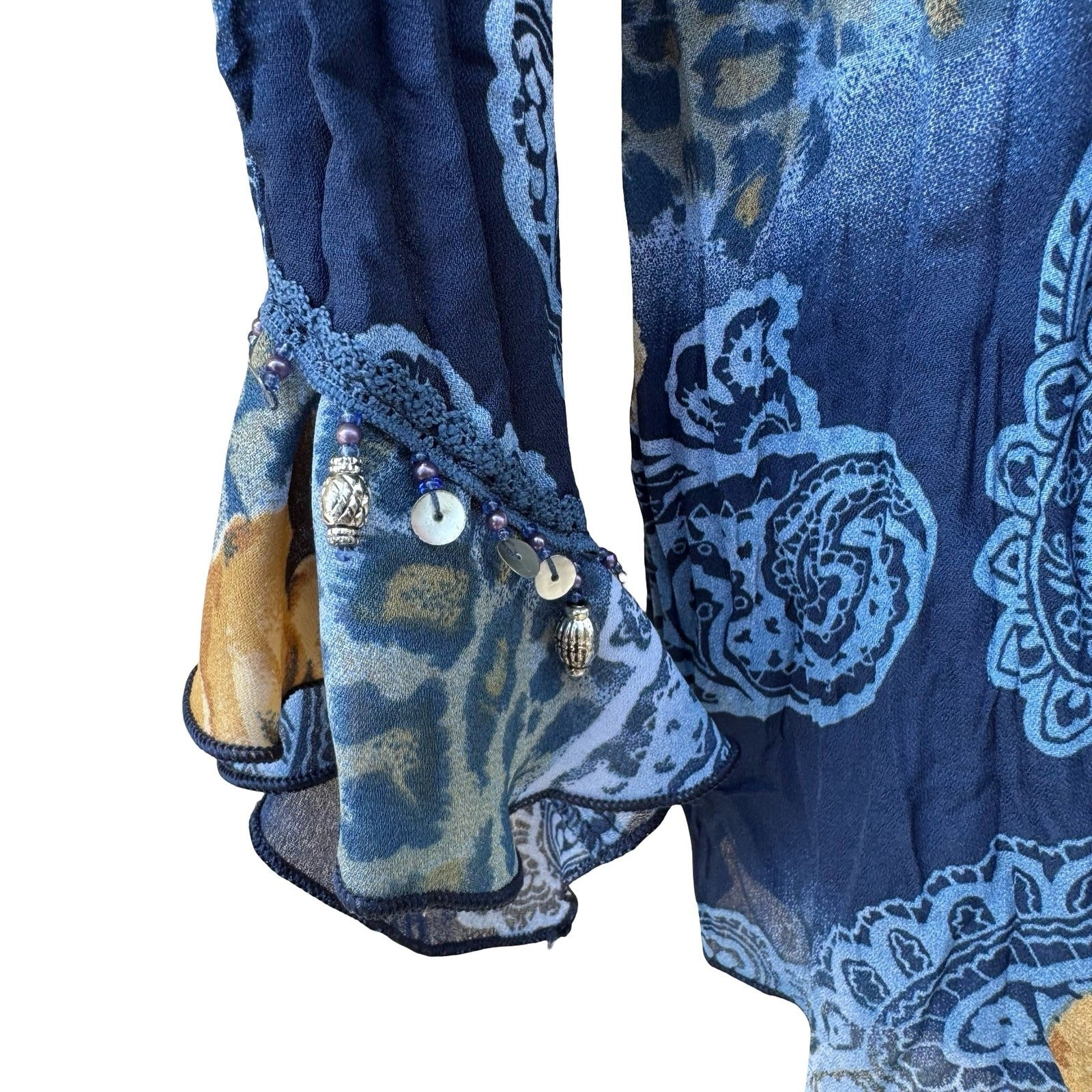 Piano Womens Blue Paisley Floral Leopard Beaded Ruffle Blouse Medium Boho Gypsy