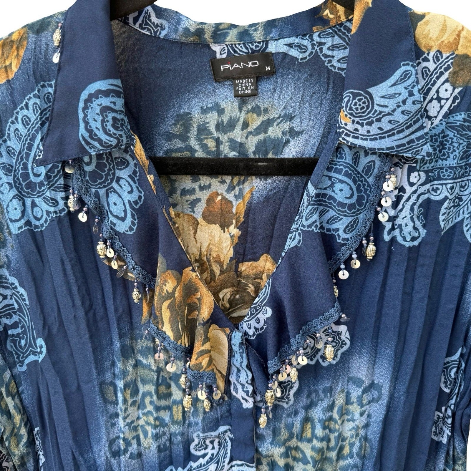 Piano Womens Blue Paisley Floral Leopard Beaded Ruffle Blouse Medium Boho Gypsy