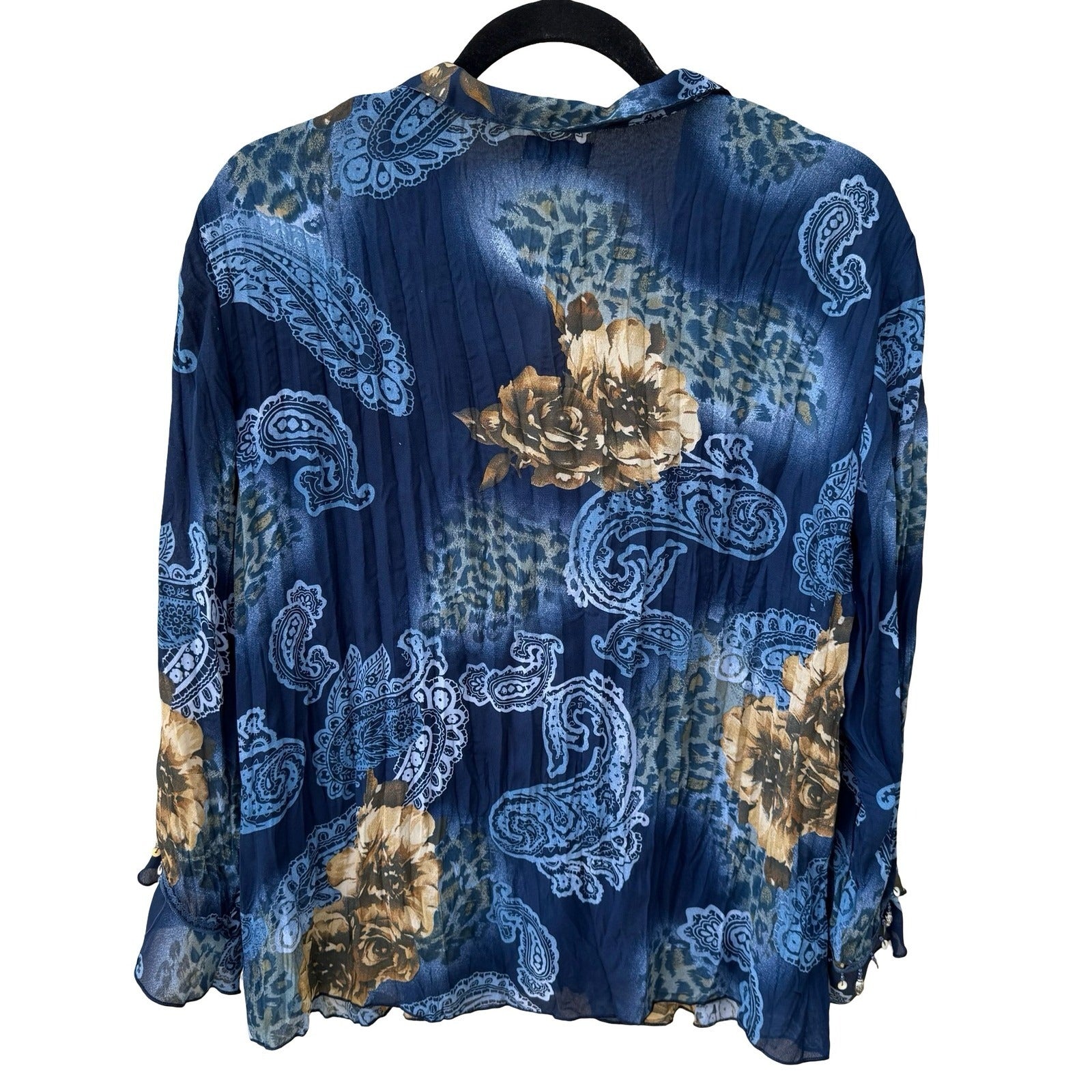 Piano Womens Blue Paisley Floral Leopard Beaded Ruffle Blouse Medium Boho Gypsy