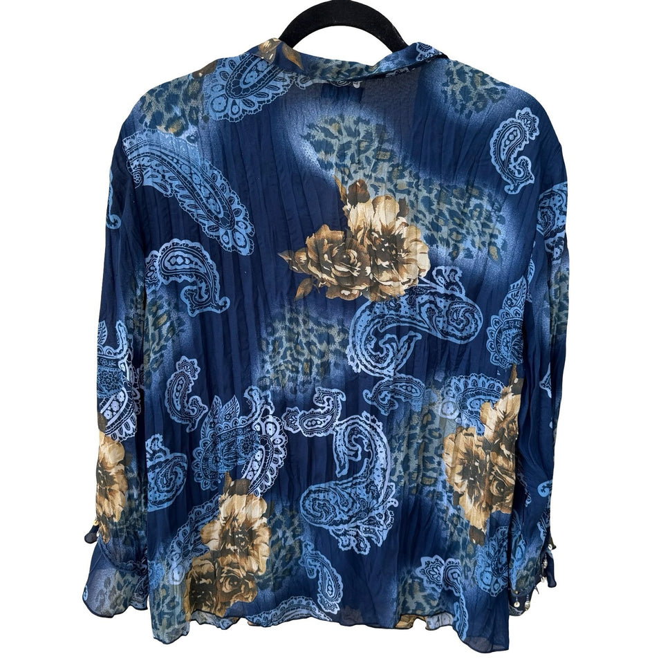 Piano Womens Blue Paisley Floral Leopard Beaded Ruffle Blouse Medium Boho Gypsy