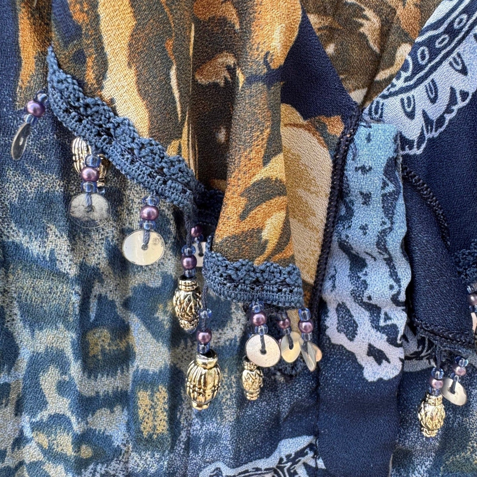 Piano Womens Blue Paisley Floral Leopard Beaded Ruffle Blouse Medium Boho Gypsy