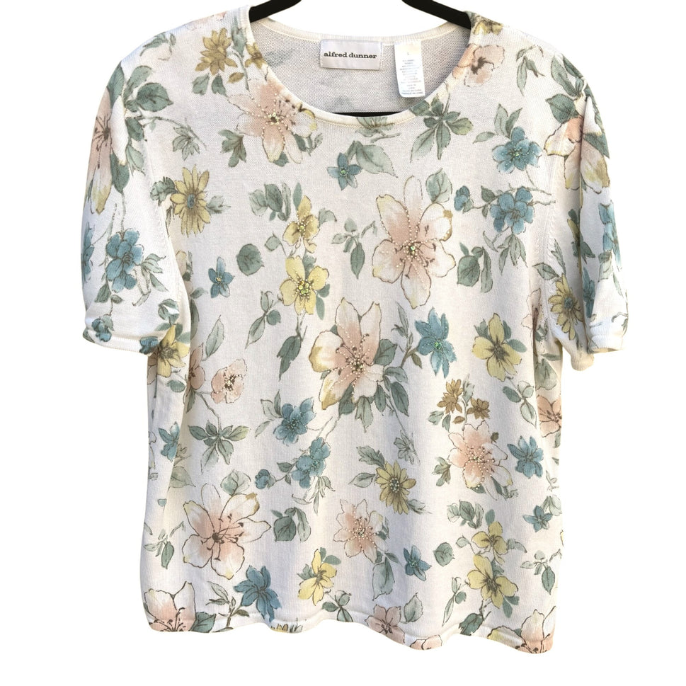 Alfred Dunner Vintage Womens Floral Embellished Beaded Knit Short Sleeve Blouse L