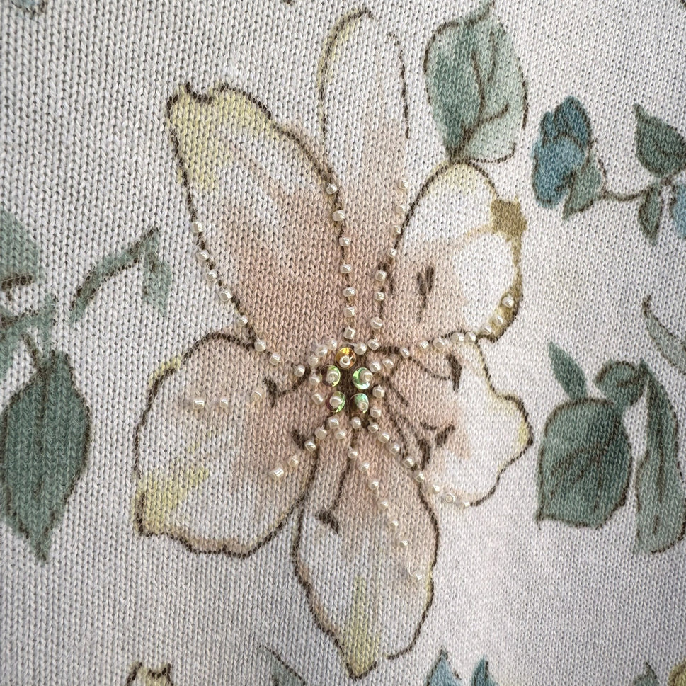 Alfred Dunner Vintage Womens Floral Embellished Beaded Knit Short Sleeve Blouse L
