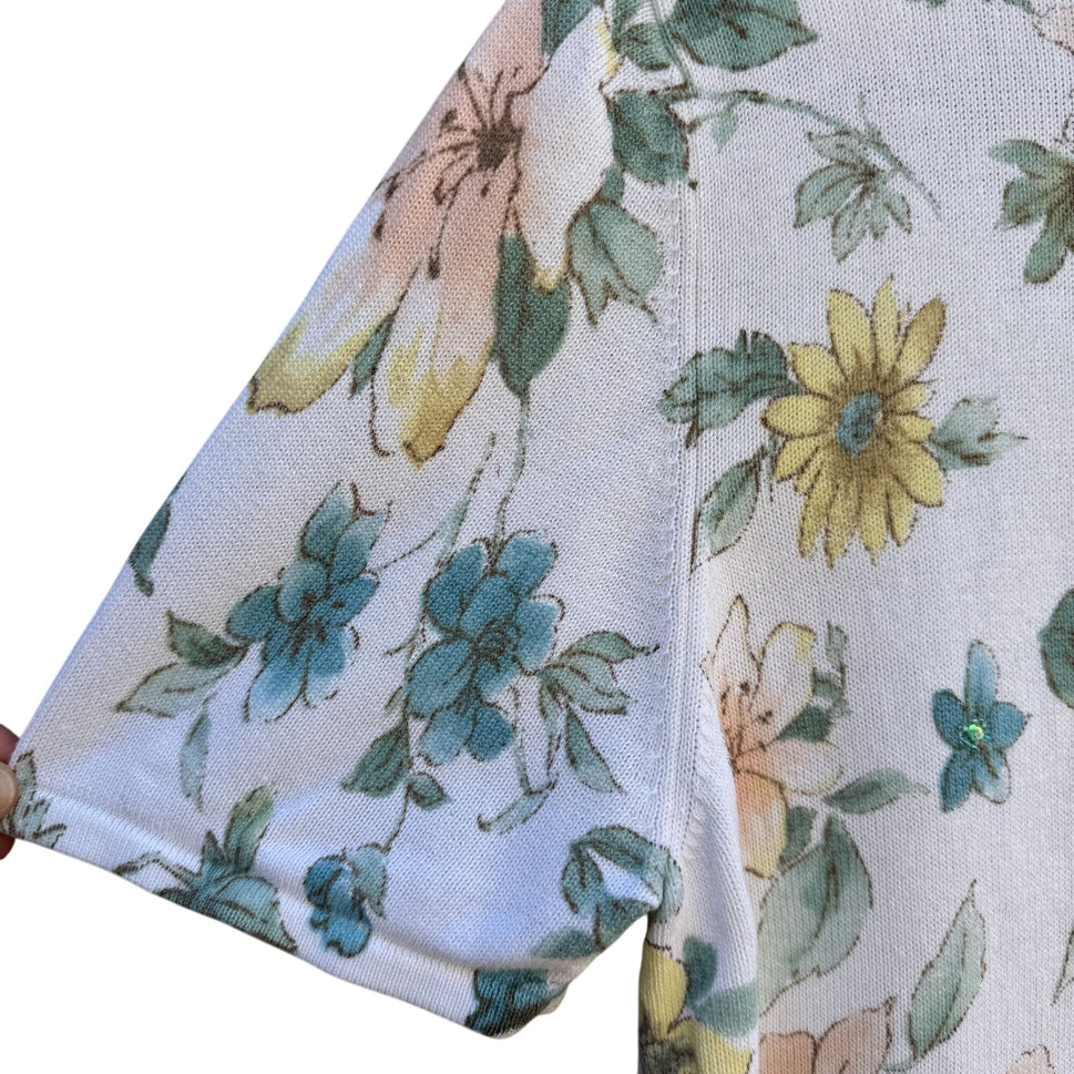 Alfred Dunner Vintage Womens Floral Embellished Beaded Knit Short Sleeve Blouse L
