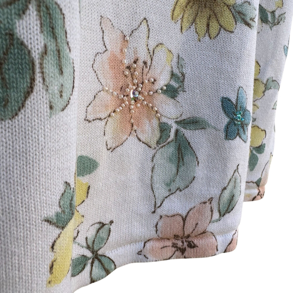Alfred Dunner Vintage Womens Floral Embellished Beaded Knit Short Sleeve Blouse L