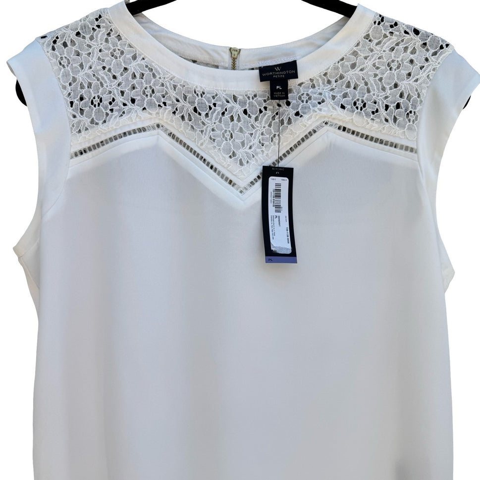 Worthington Womens PL Sleeveless Lace Yoke Blouse Snowdrift White Back Zip NWT