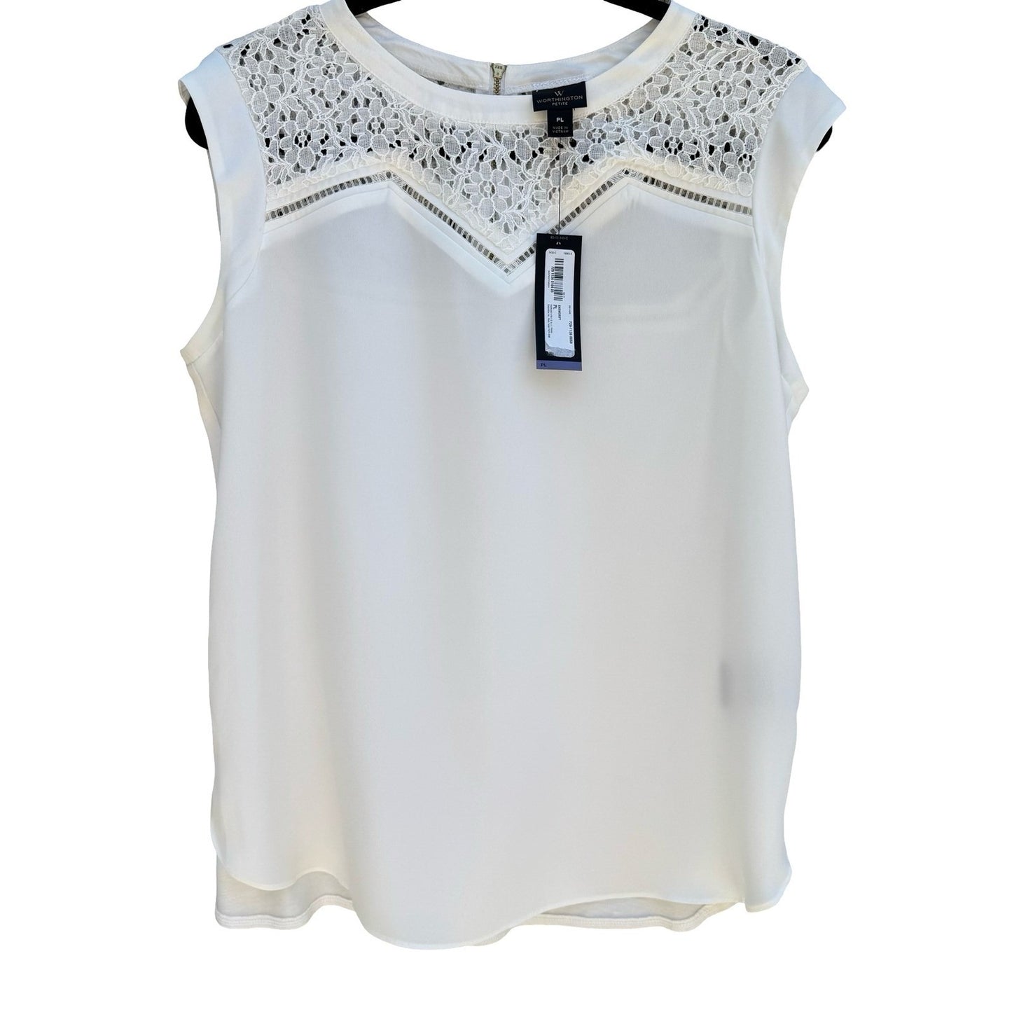 Worthington Womens PL Sleeveless Lace Yoke Blouse Snowdrift White Back Zip NWT