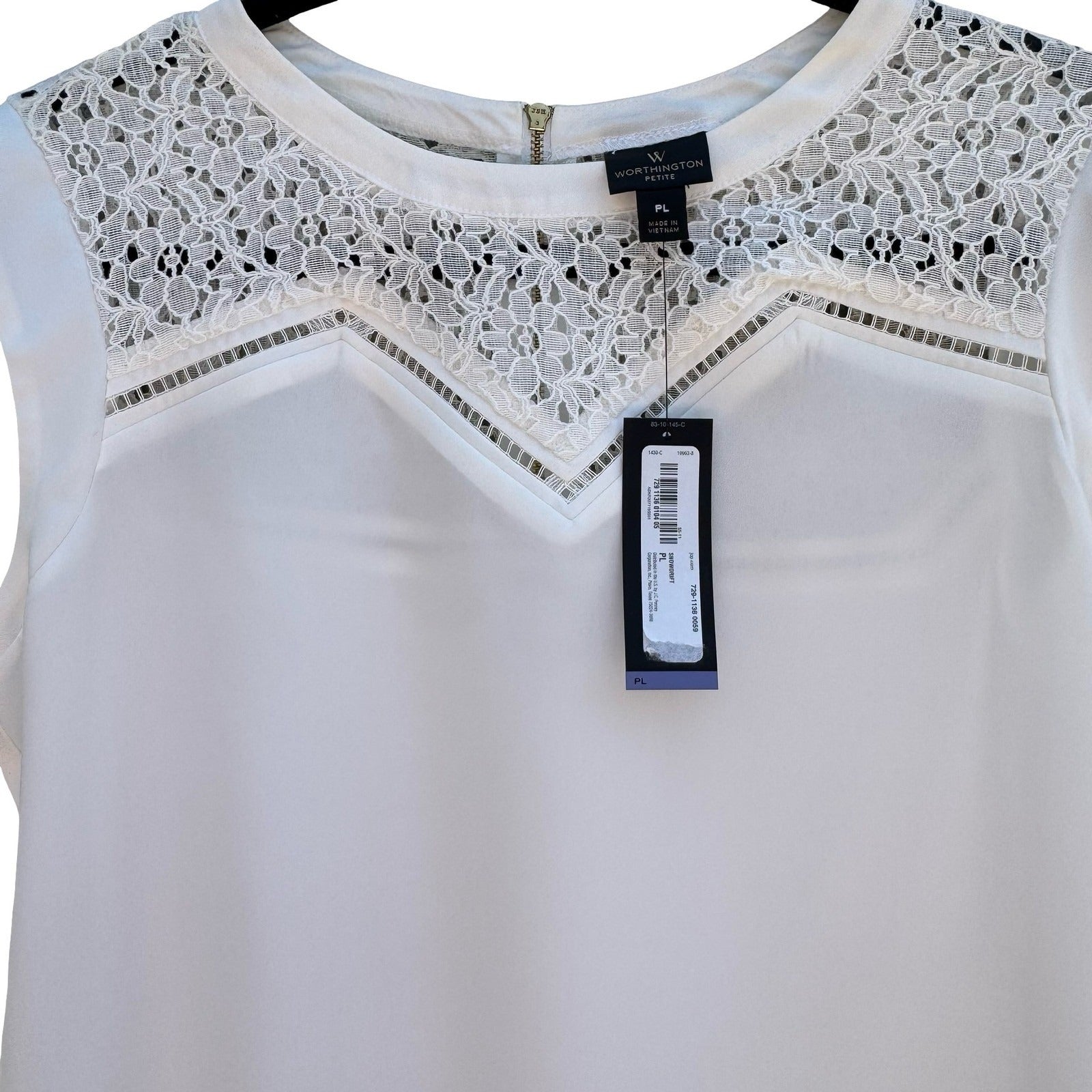 Worthington Womens PL Sleeveless Lace Yoke Blouse Snowdrift White Back Zip NWT