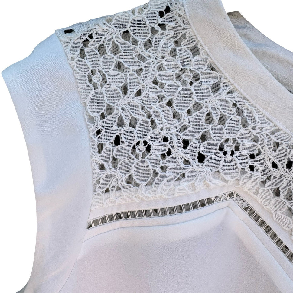 Worthington Womens PL Sleeveless Lace Yoke Blouse Snowdrift White Back Zip NWT