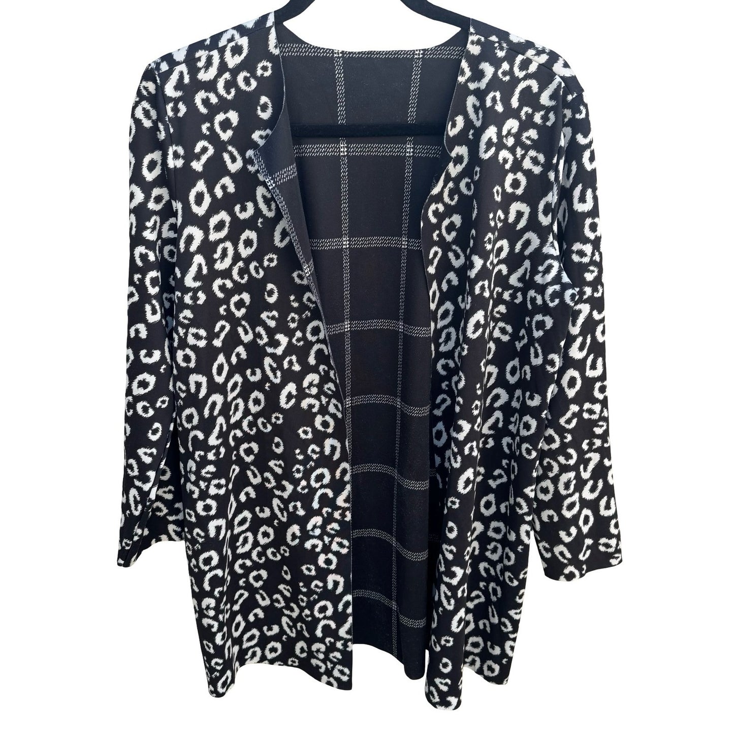 Reversible Leopard Print Plaid Open Front Cardigan Black White Large Layering