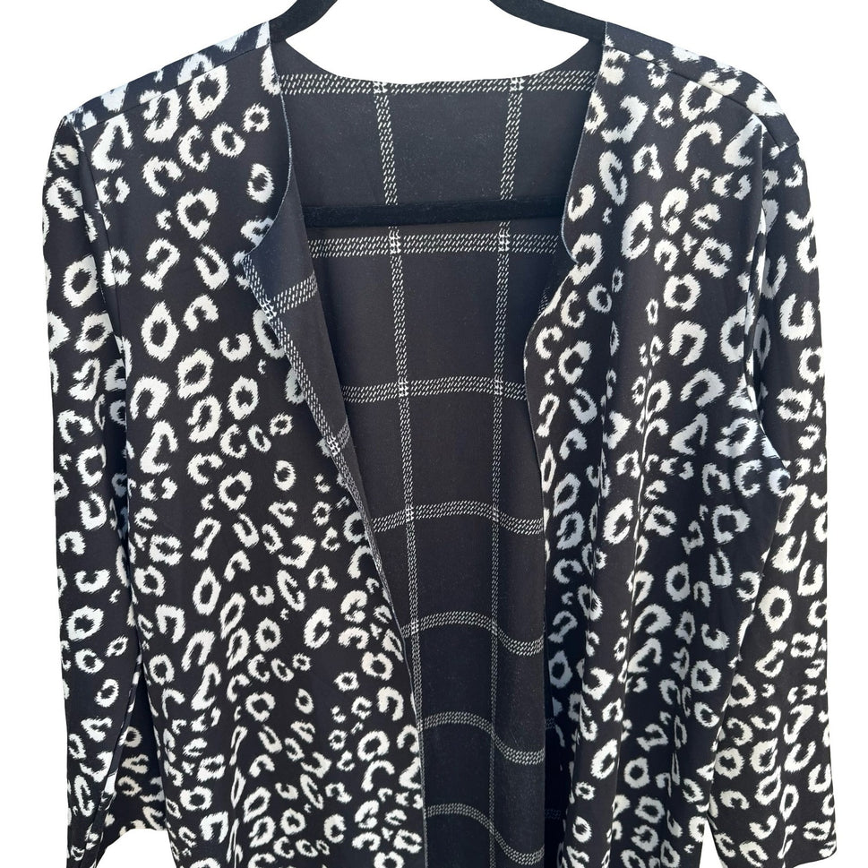 Reversible Leopard Print Plaid Open Front Cardigan Black White Large Layering