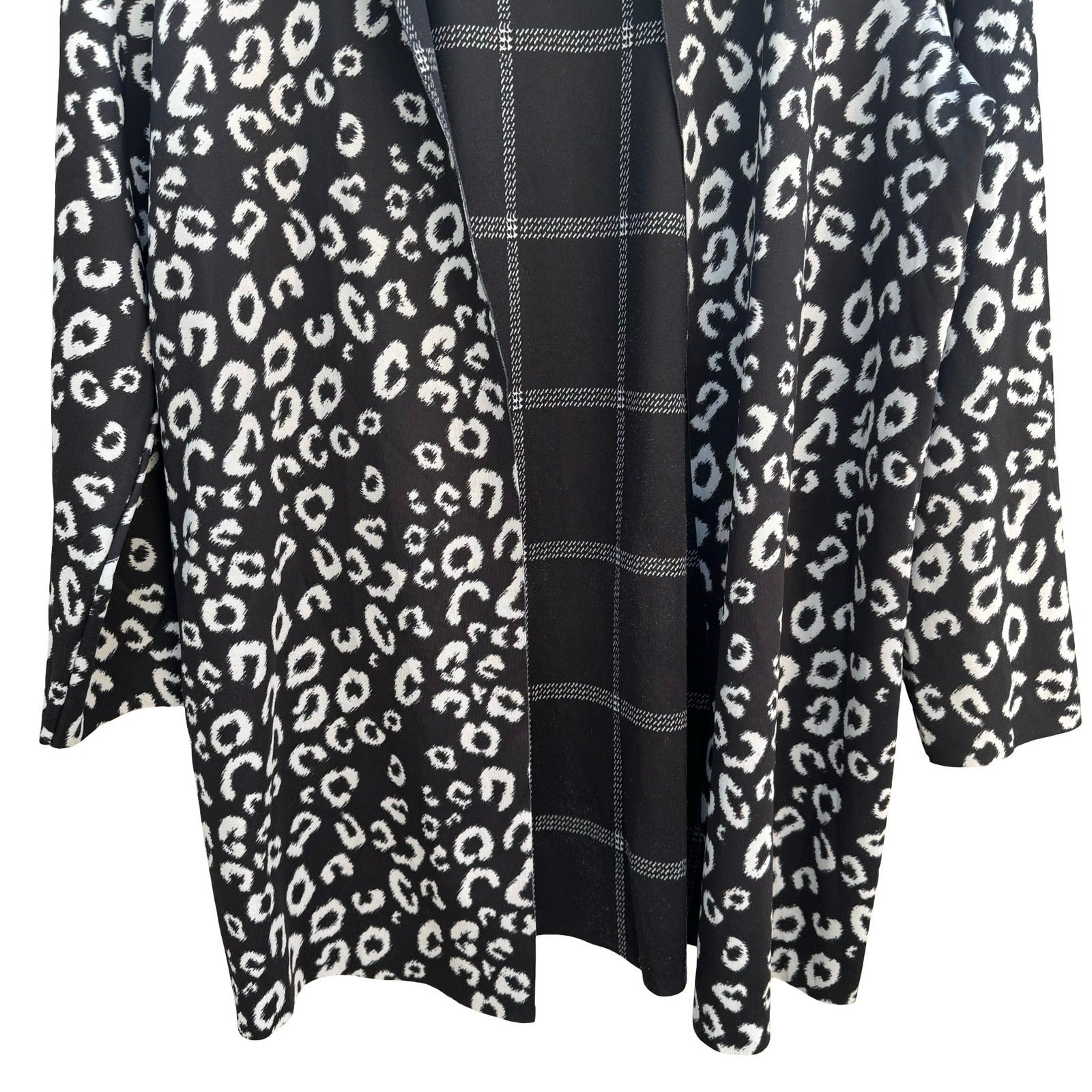 Reversible Leopard Print Plaid Open Front Cardigan Black White Large Layering