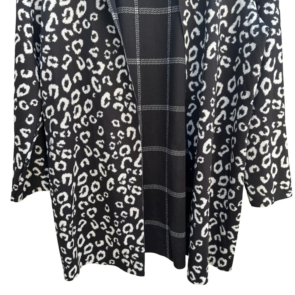Reversible Leopard Print Plaid Open Front Cardigan Black White Large Layering