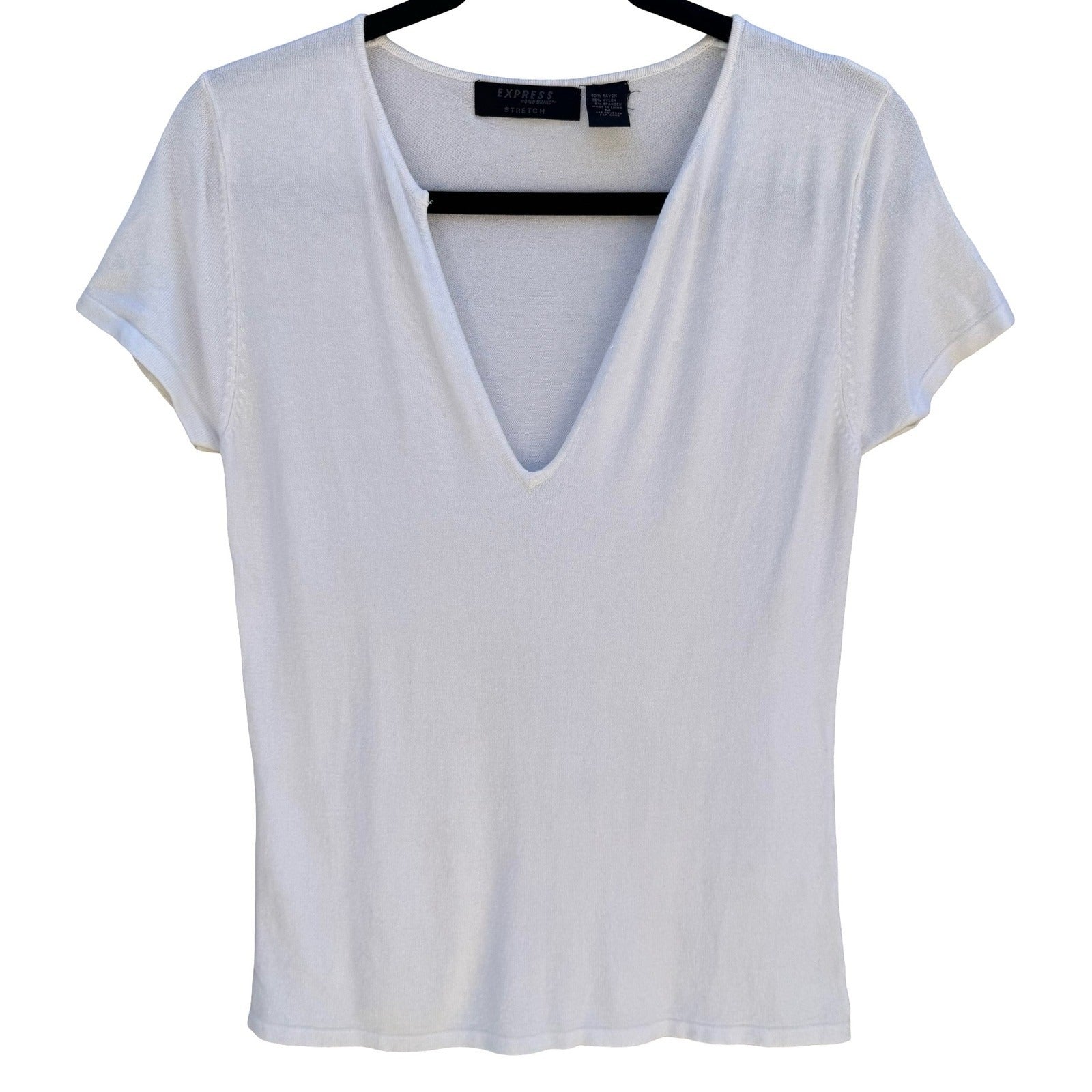 Express Y2K Minimalist White Deep V-Neck Clean Girl Stretch French Terry Top M