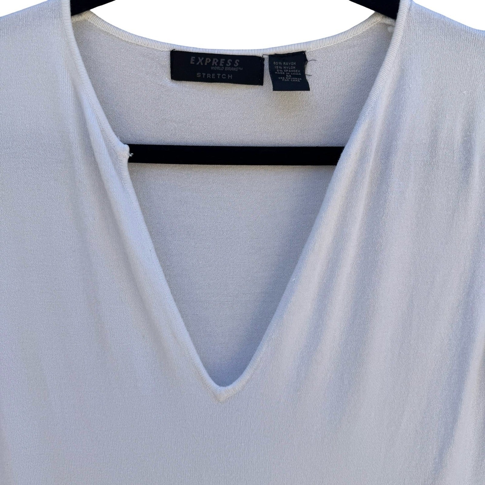 Express Y2K Minimalist White Deep V-Neck Clean Girl Stretch French Terry Top M