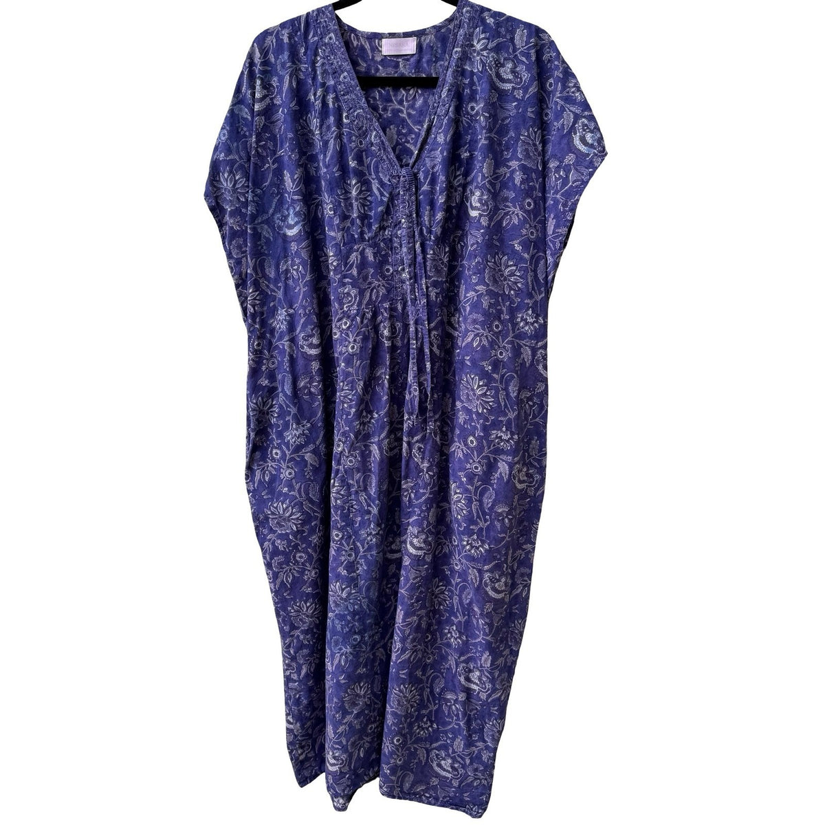 Nesara Organic Cotton Floral Boho Loungewear Kaftan Maxi Dress Purple Womens OS