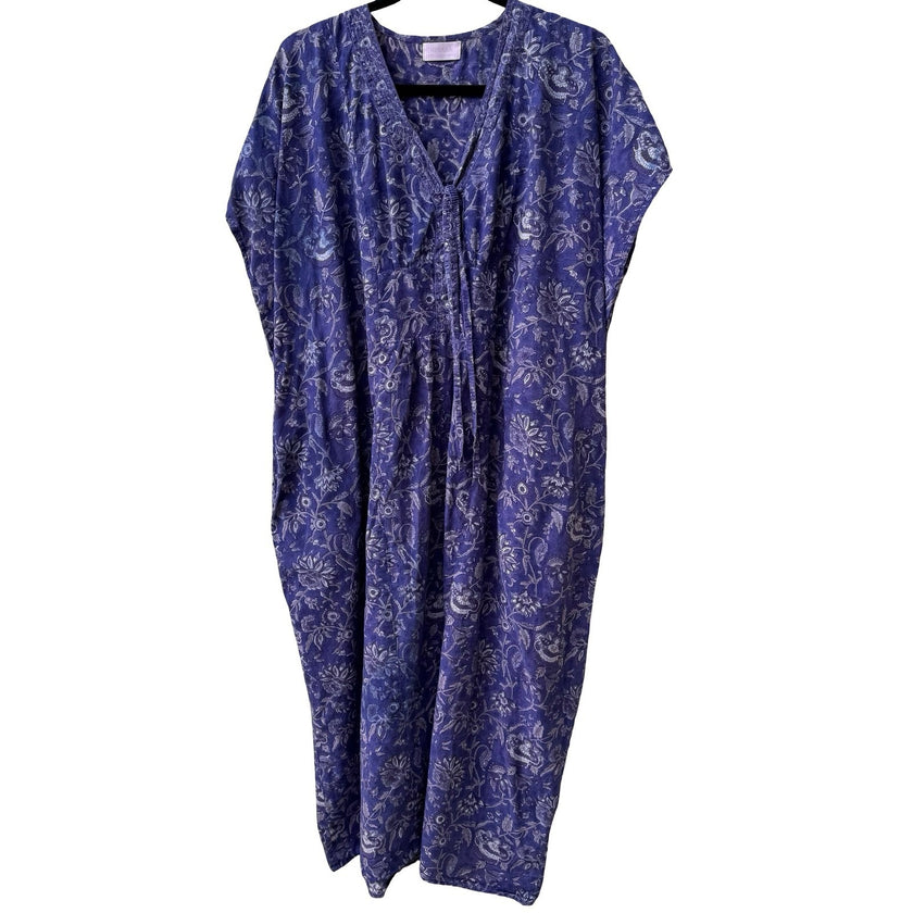 Nesara Organic Cotton Floral Boho Loungewear Kaftan Maxi Dress Purple Womens OS