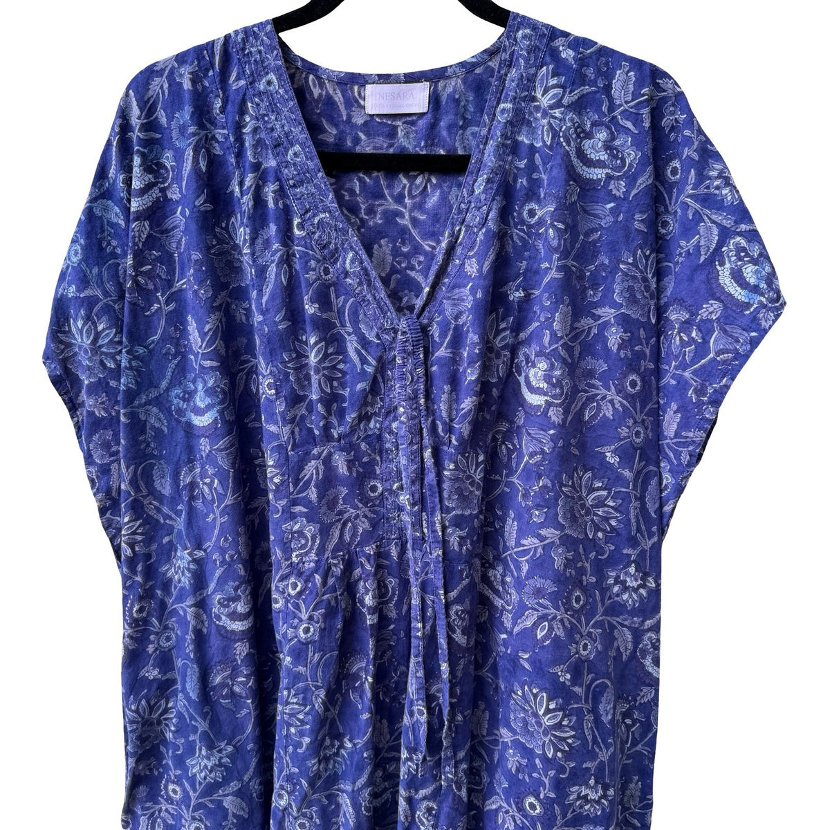 Nesara Organic Cotton Floral Boho Loungewear Kaftan Maxi Dress Purple Womens OS