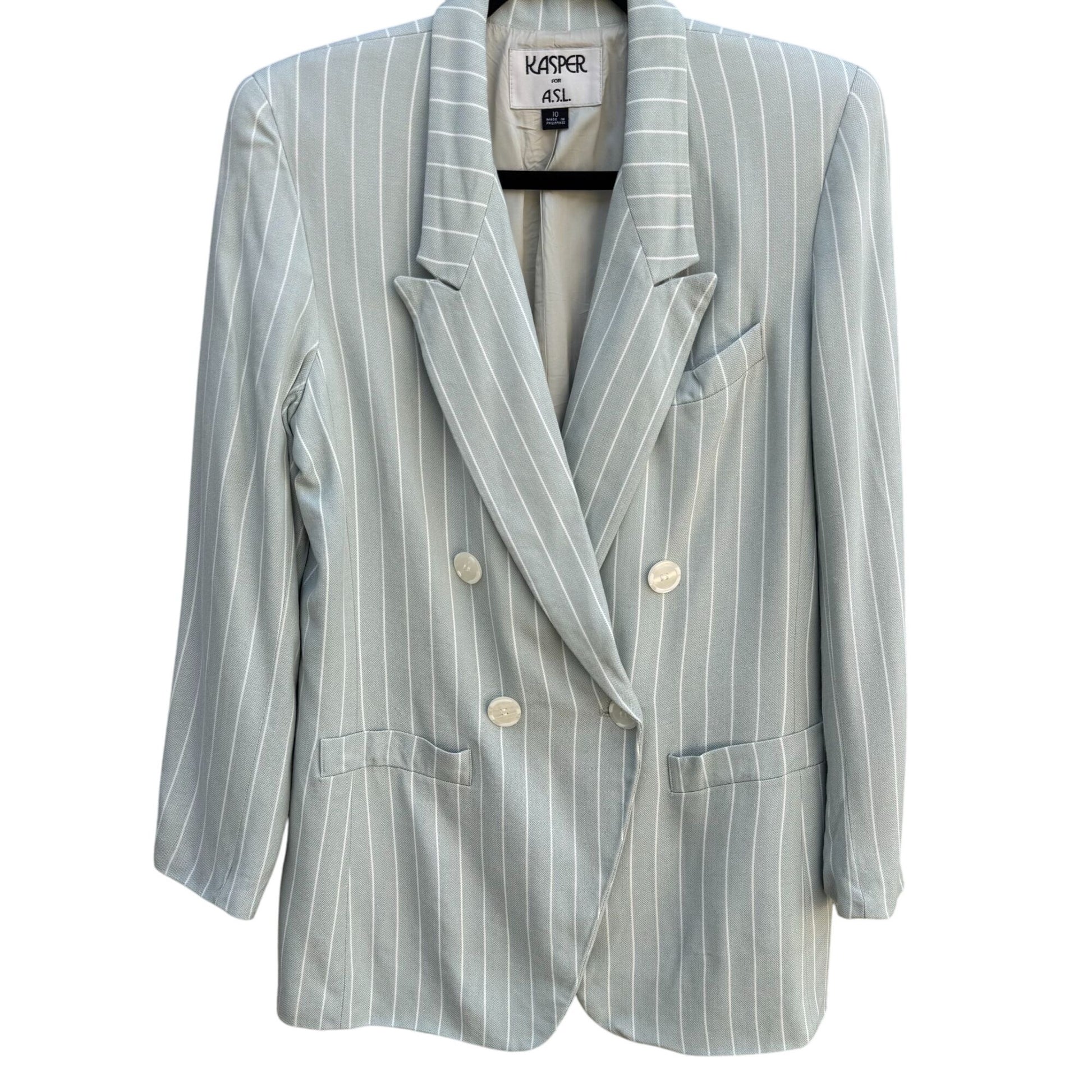 Kasper A.S.L. Womens Pinstriped Mint Green Double-Breasted Blazer Jacket 10