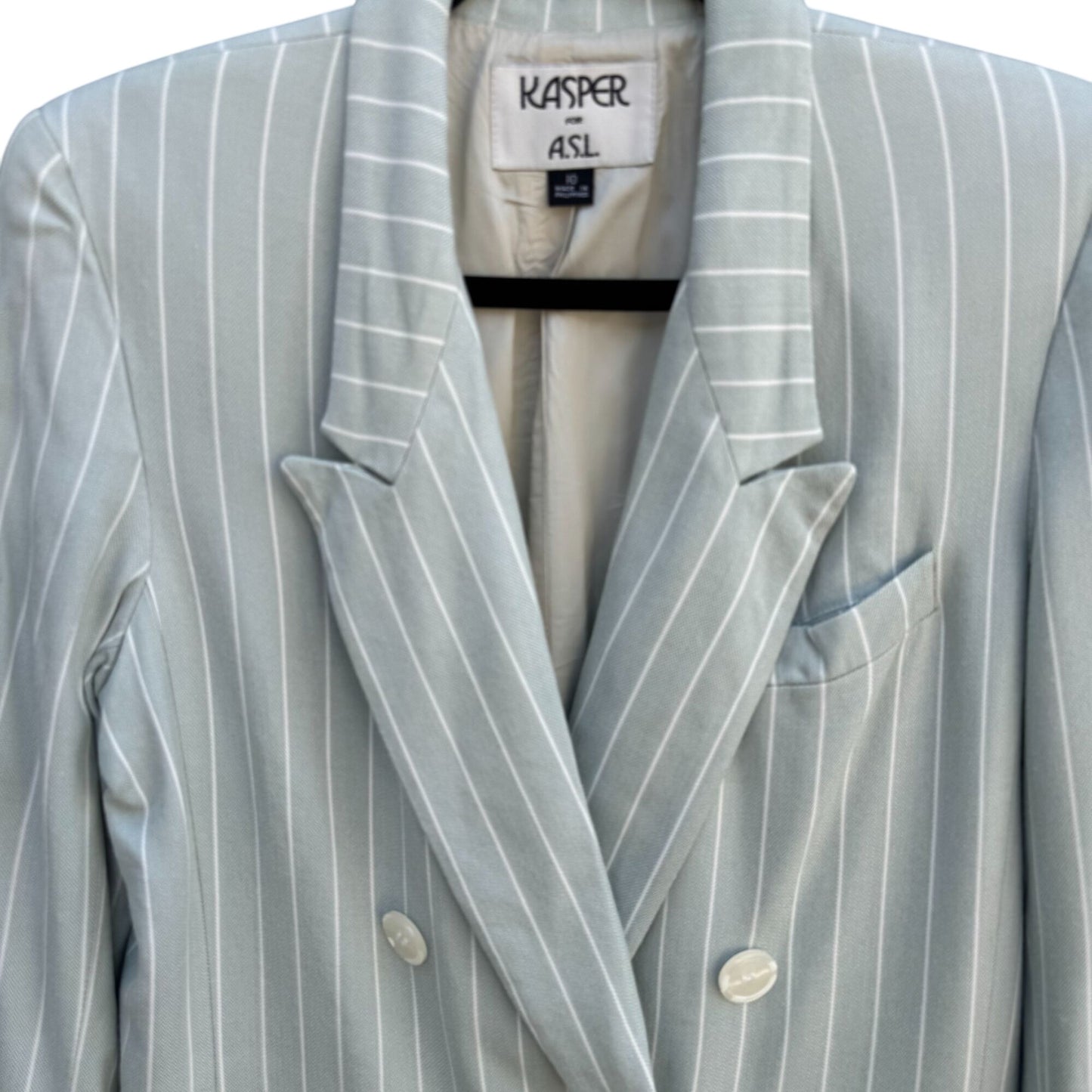 Kasper A.S.L. Womens Pinstriped Mint Green Double-Breasted Blazer Jacket 10