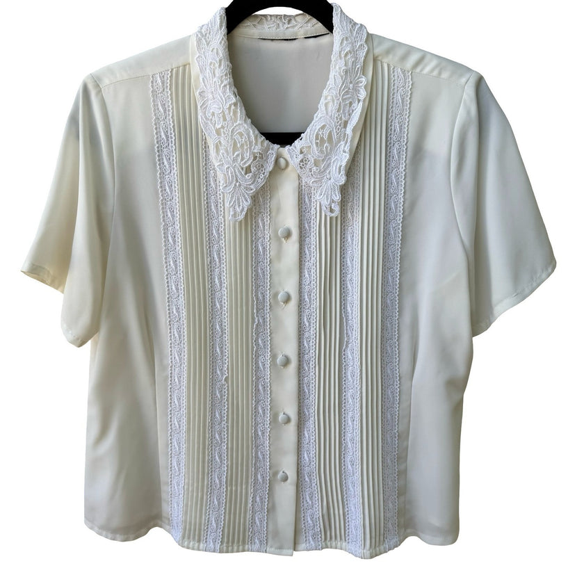 Vintage 80s Coquette Cottagecore Victorian Edwardian Lace Collar Pleated Blouse