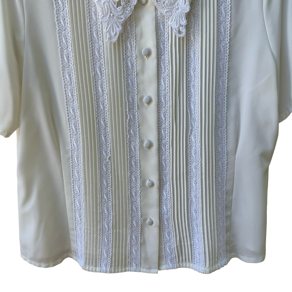 Vintage 80s Coquette Cottagecore Victorian Edwardian Lace Collar Pleated Blouse