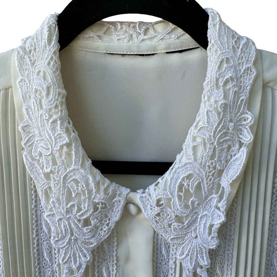 Vintage 80s Coquette Cottagecore Victorian Edwardian Lace Collar Pleated Blouse