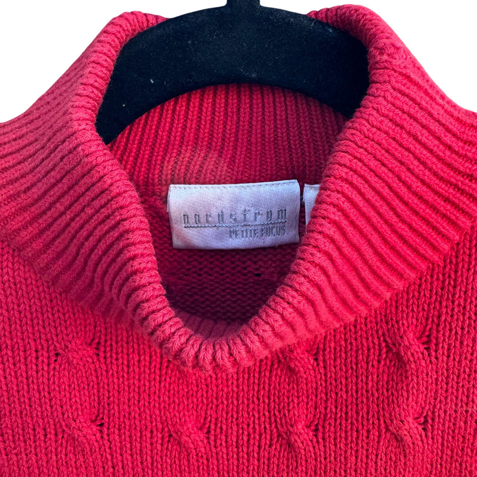 Nordstrom Petite Focus Womens Red Cable Knit Preppy Stretch Turtleneck Sweater PS