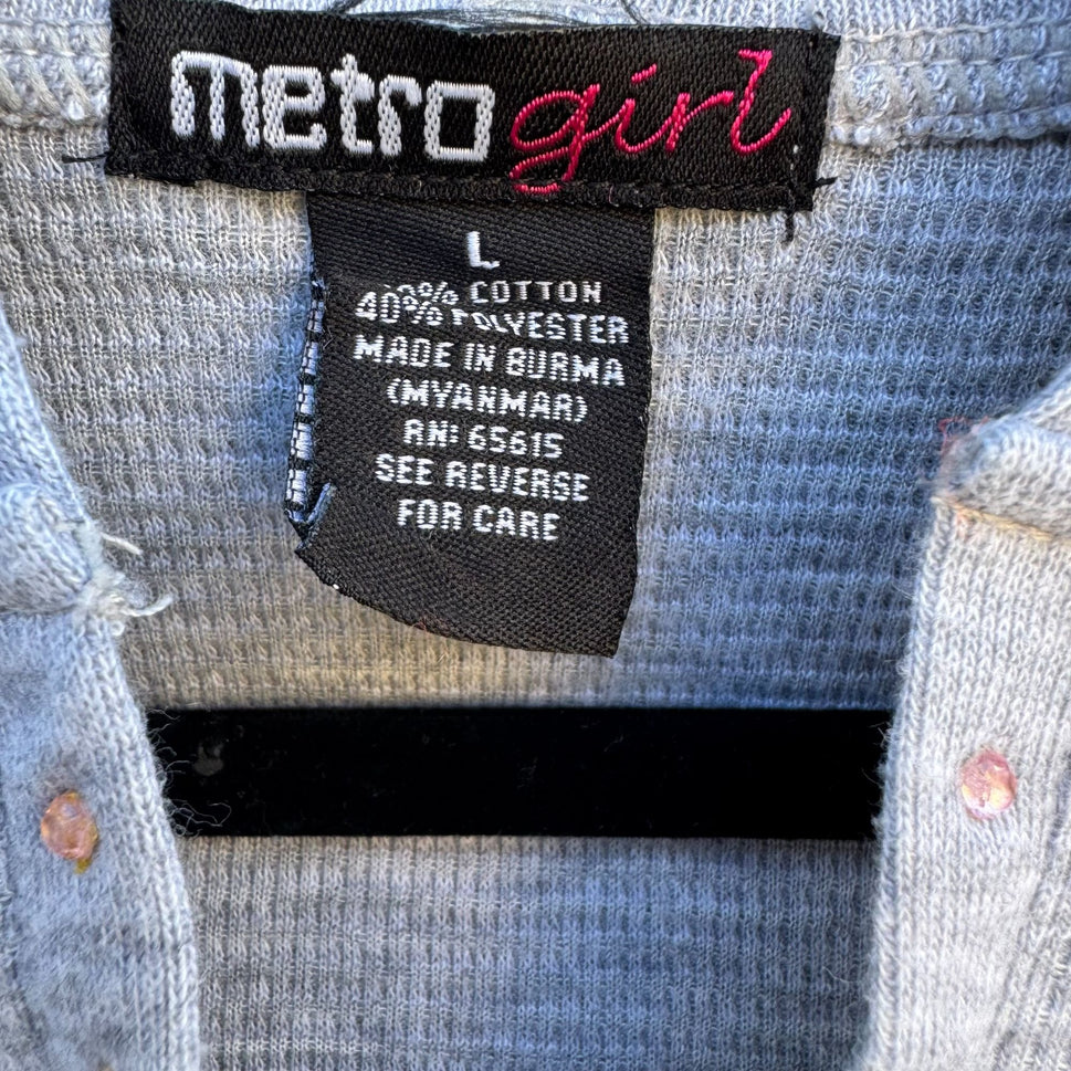 Metro Girl Vintage Y2K Gray Thermal Cropped Rhinestone V Neck Skater Hoodie Top