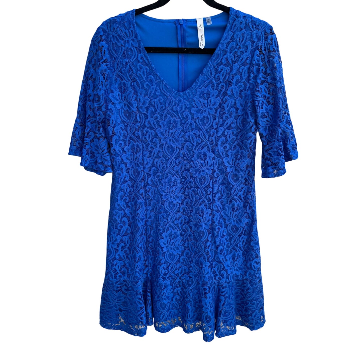 NY Collection Petite Royal Blue Lace Bell Sleeve V-Neck Flutter Hem Lined Dress M