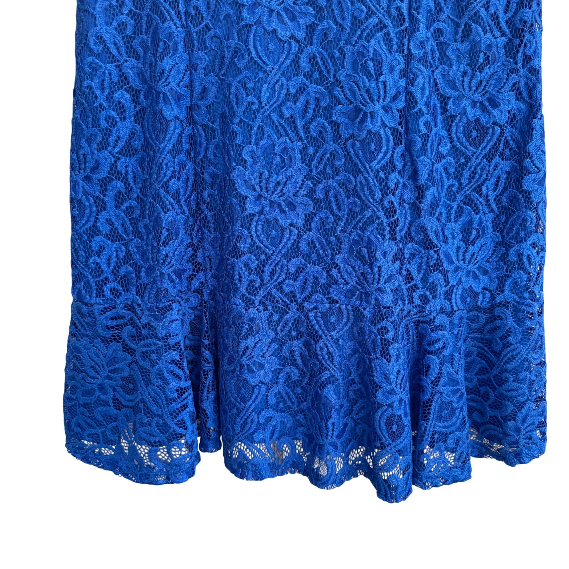 NY Collection Petite Royal Blue Lace Bell Sleeve V-Neck Flutter Hem Lined Dress M
