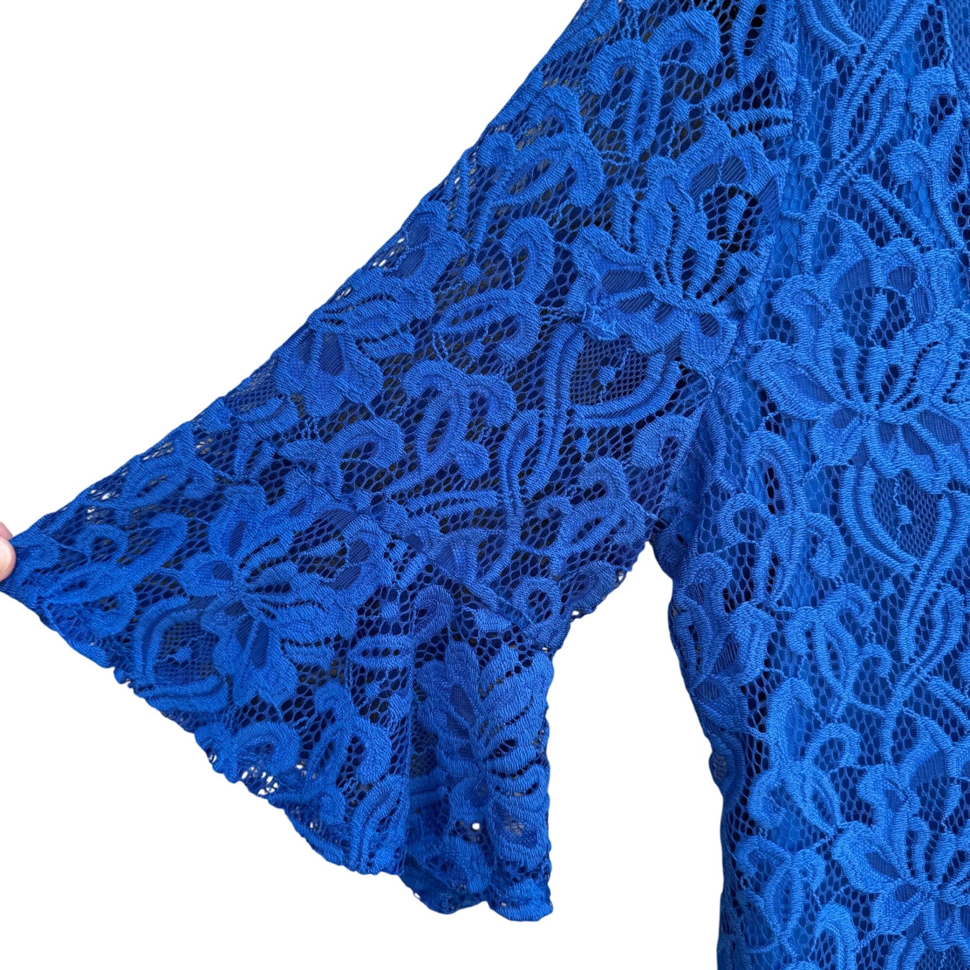 NY Collection Petite Royal Blue Lace Bell Sleeve V-Neck Flutter Hem Lined Dress M